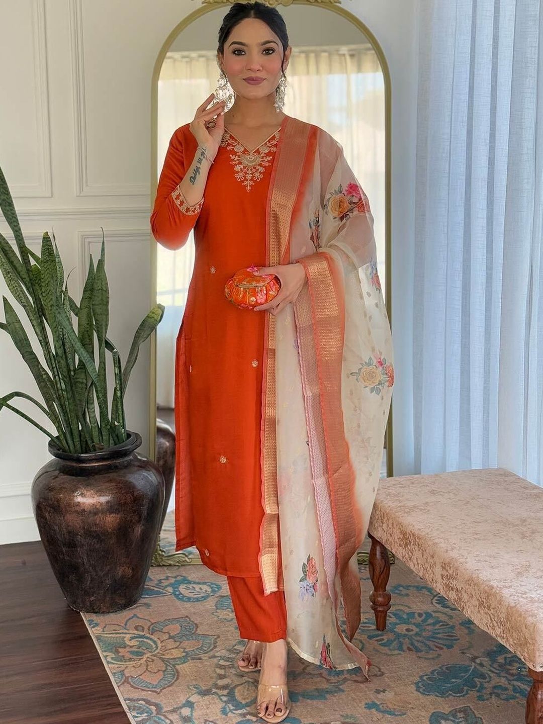 Moda Rapido Women Floral Embroidered Regular Thread Work Kurta with Trousers & With Dupatta-picture-28