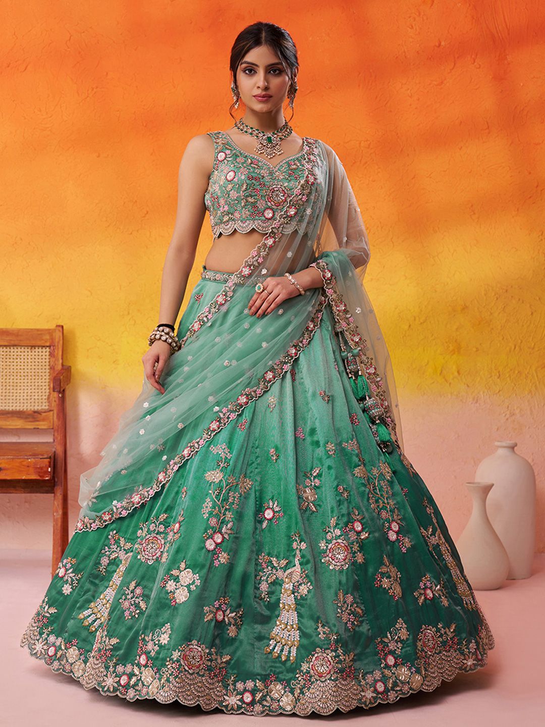 panchhi Embroidered Sequinned Semi-Stitched Lehenga & Unstitched Blouse With Dupatta-image-26