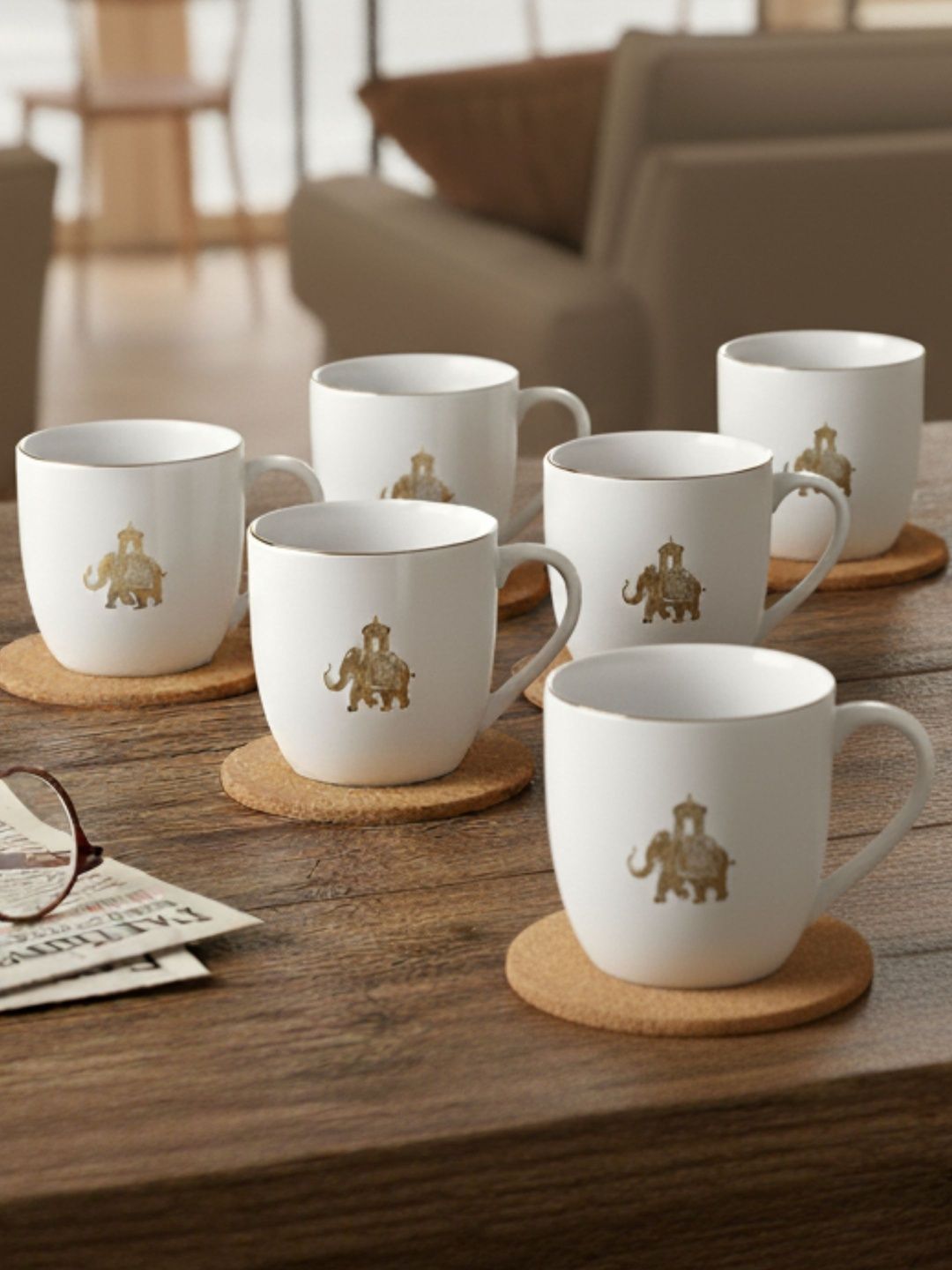 CLAY CRAFT White & Gold-Toned Natural Elements Printed Ceramic Glossy Cups Set of Cups and Mugs
