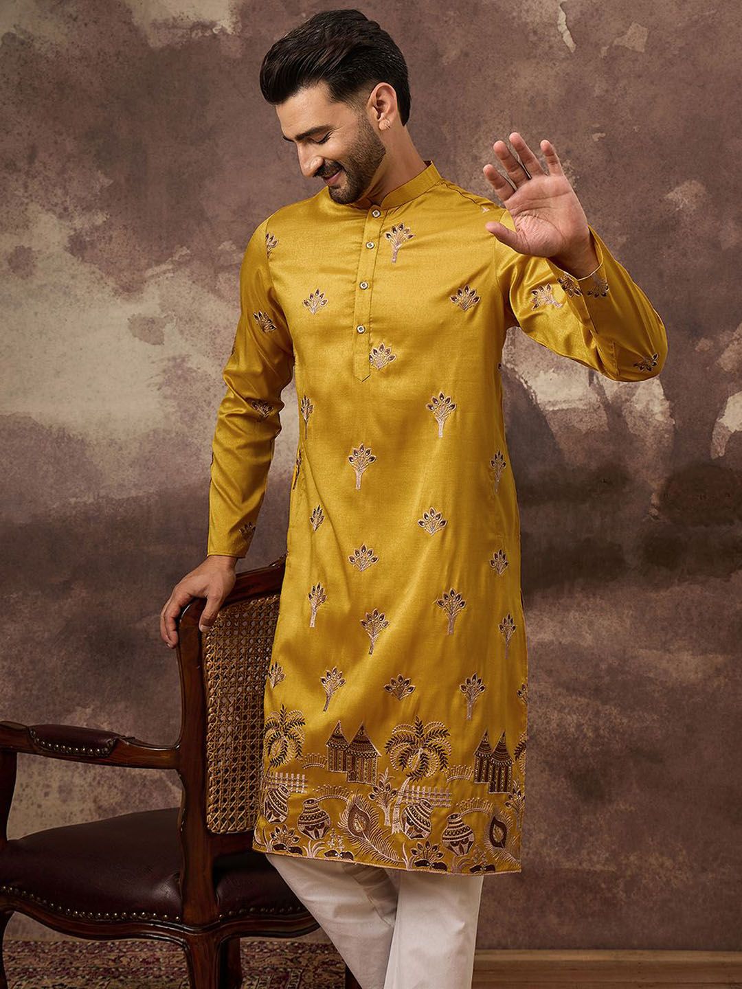 House of Pataudi Sequin Floral Embroidered Straight Kurta-picture-32