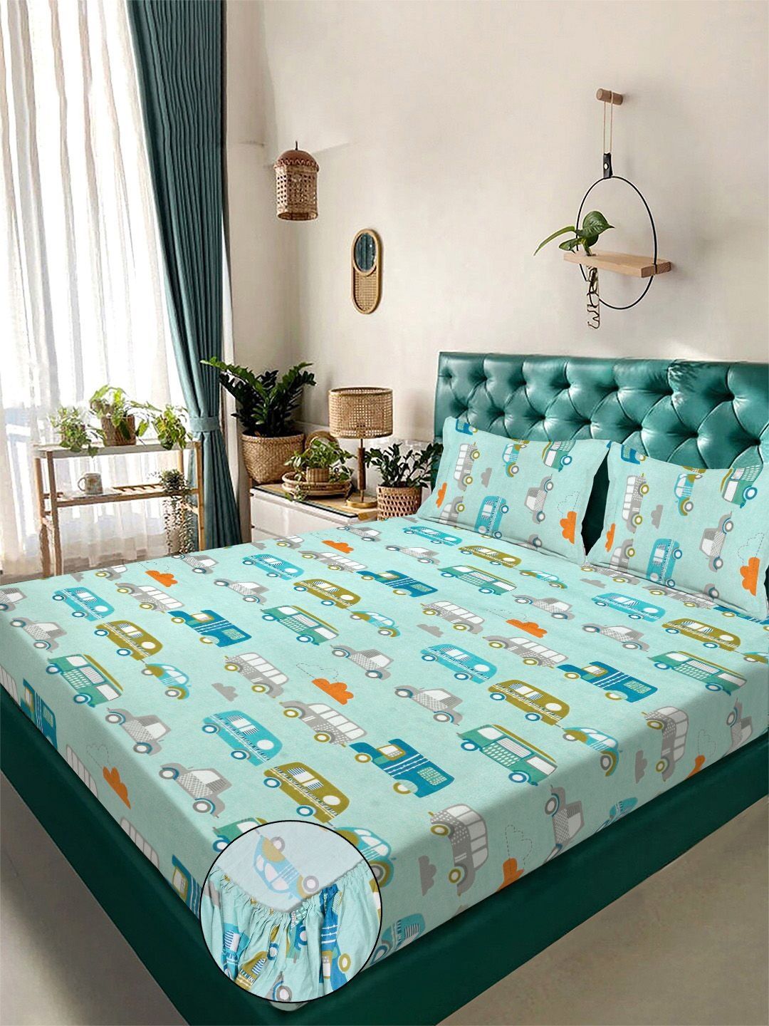 KLOTTHE Green Cartoon Characters 300 TC King Bedsheet & 2 Pillow Covers-98 Inch x 88 Inch-picture-10