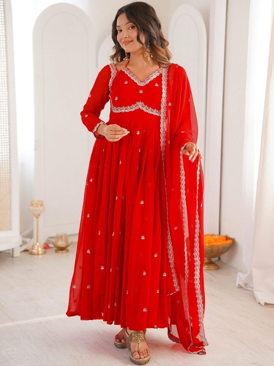 BlueRang Women Ethnic Motifs Embroidered Panelled Thread Work Kurta with Trousers & With Dupatta-picture-29
