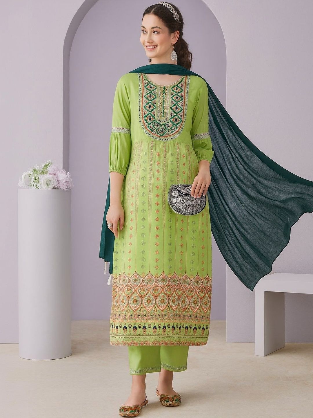 all about you Women Floral Embroidered Empire Sequinned Kurta with Trousers & With Dupatta-picture-26