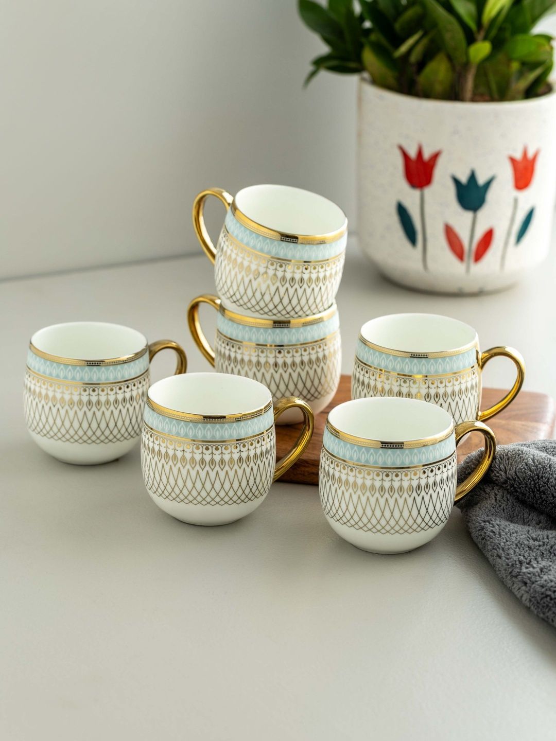 CLAY CRAFT White & Gold-Toned Floral Printed Ceramic Glossy Cups Set of Cups and Mugs-image-28