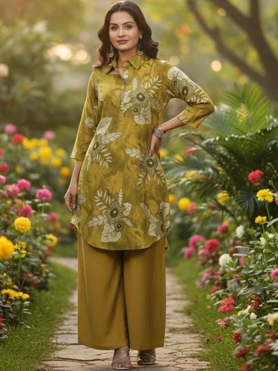 indi inside Mustard Yellow & Green Printed Tunic Set-picture-12