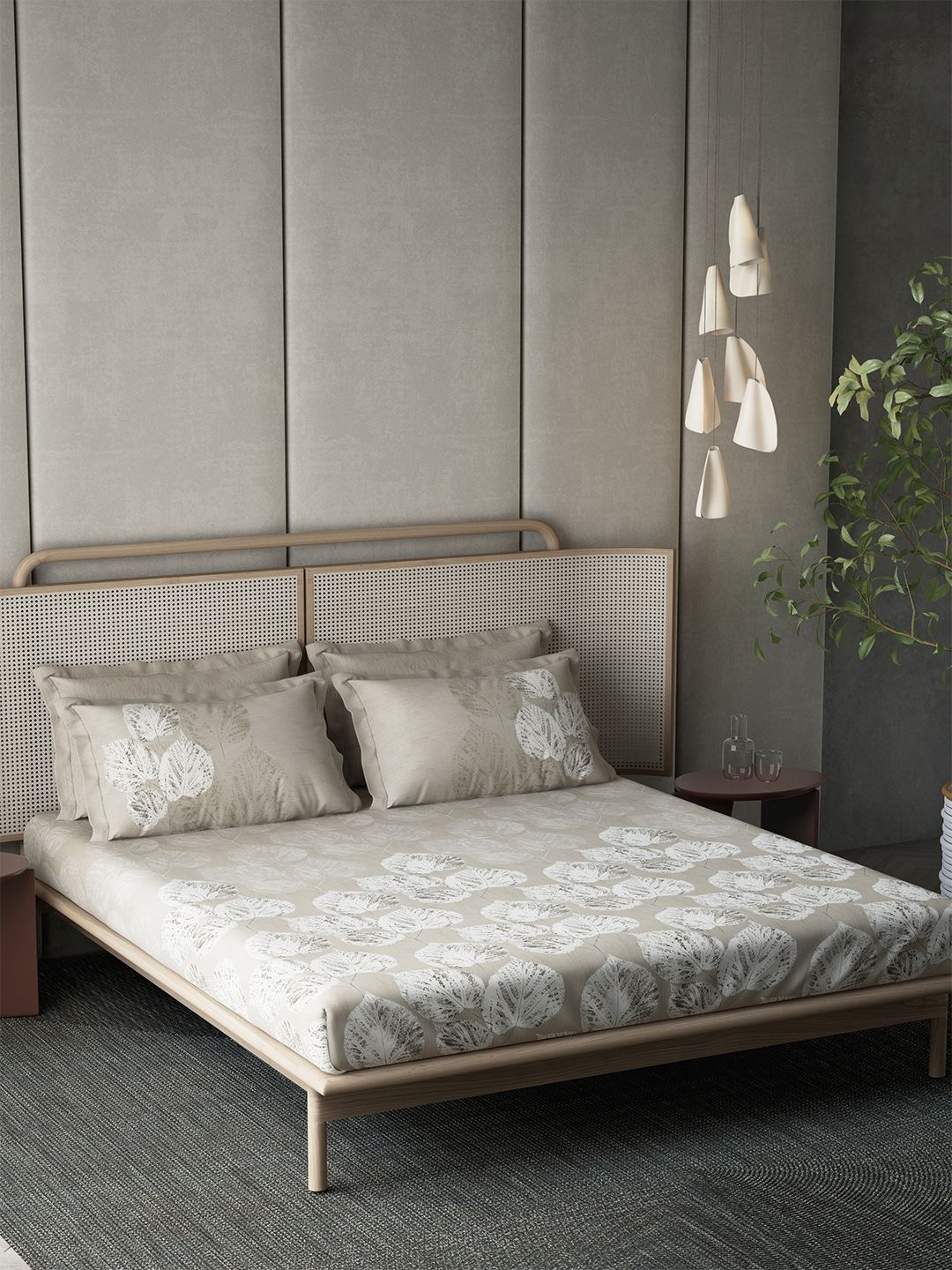 BOMBAY BEDDING COMPANY Beige Leaves Cotton 210TC Super King Bedsheet with 4 Pillow Covers-image-27