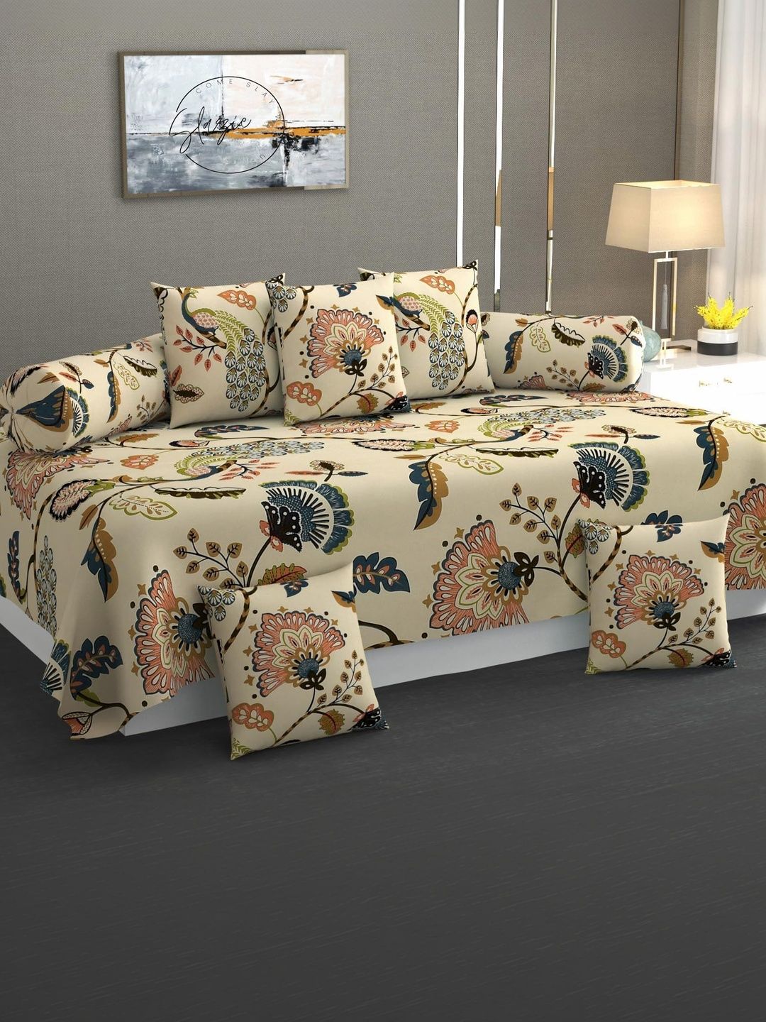 SHOMES Set Of 8 Beige Coloured & Green Printed Cotton Diwan Set-image-27
