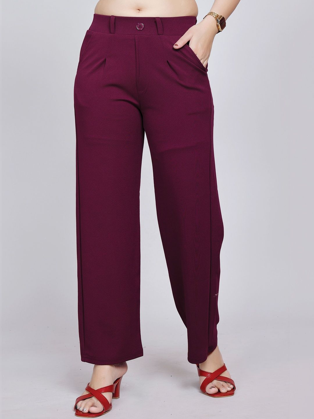 IKKIS Women Relaxed Straight Leg Straight Fit High-Rise Wrinkle Free Pleated Trousers-picture-16