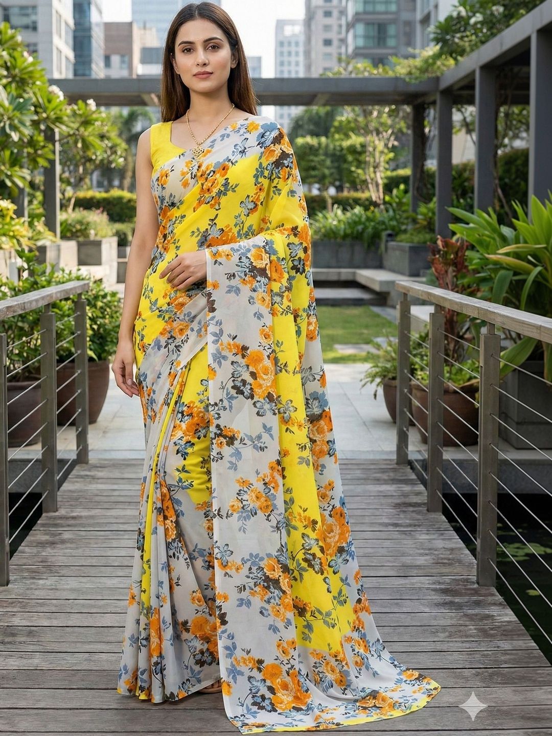 YUGAVEERAA Floral Poly Georgette Saree-picture-5