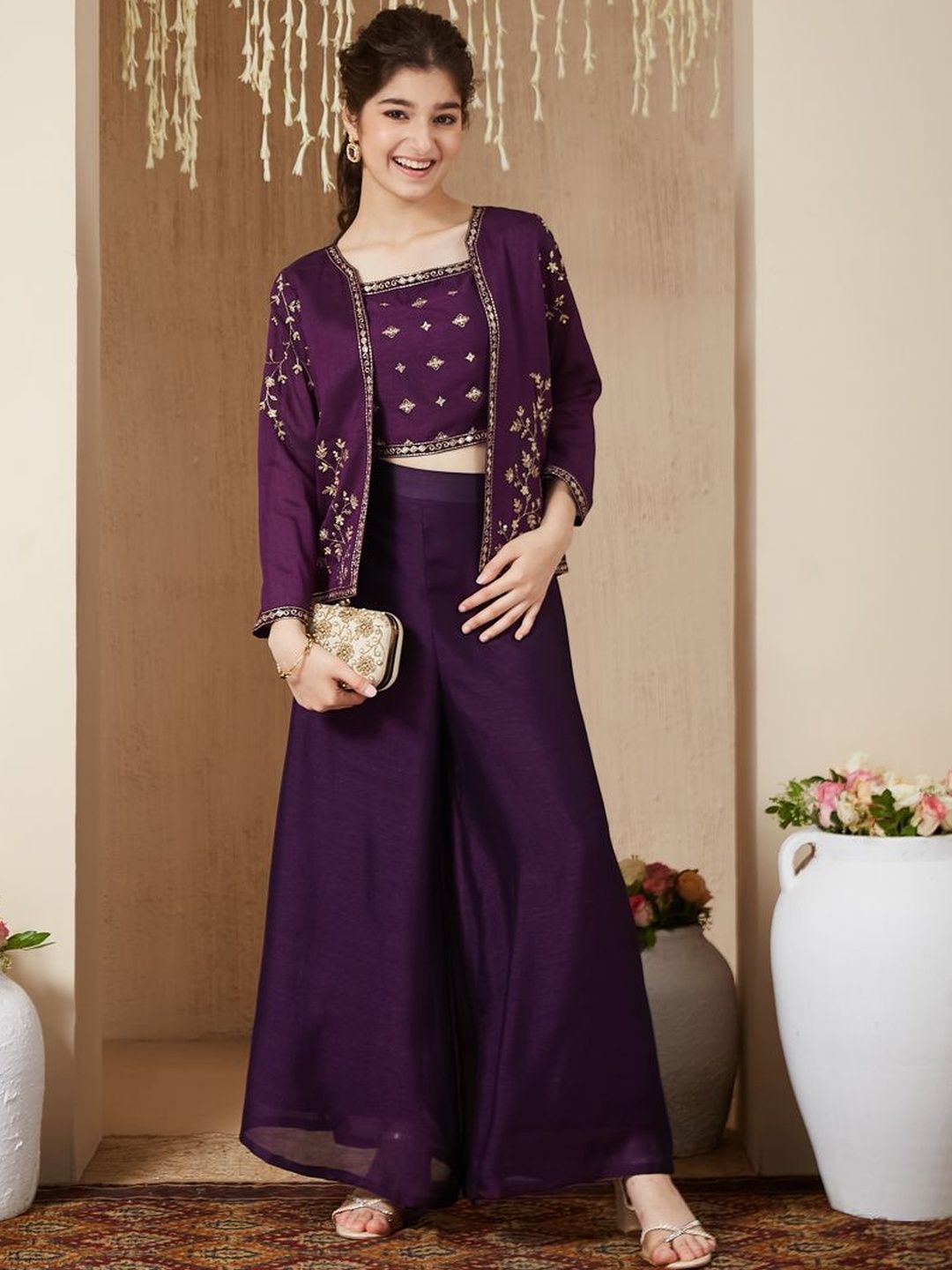 CurlyTales Girls Ethnic Motifs Embroidered Regular Thread Work Top with Palazzos-picture-56