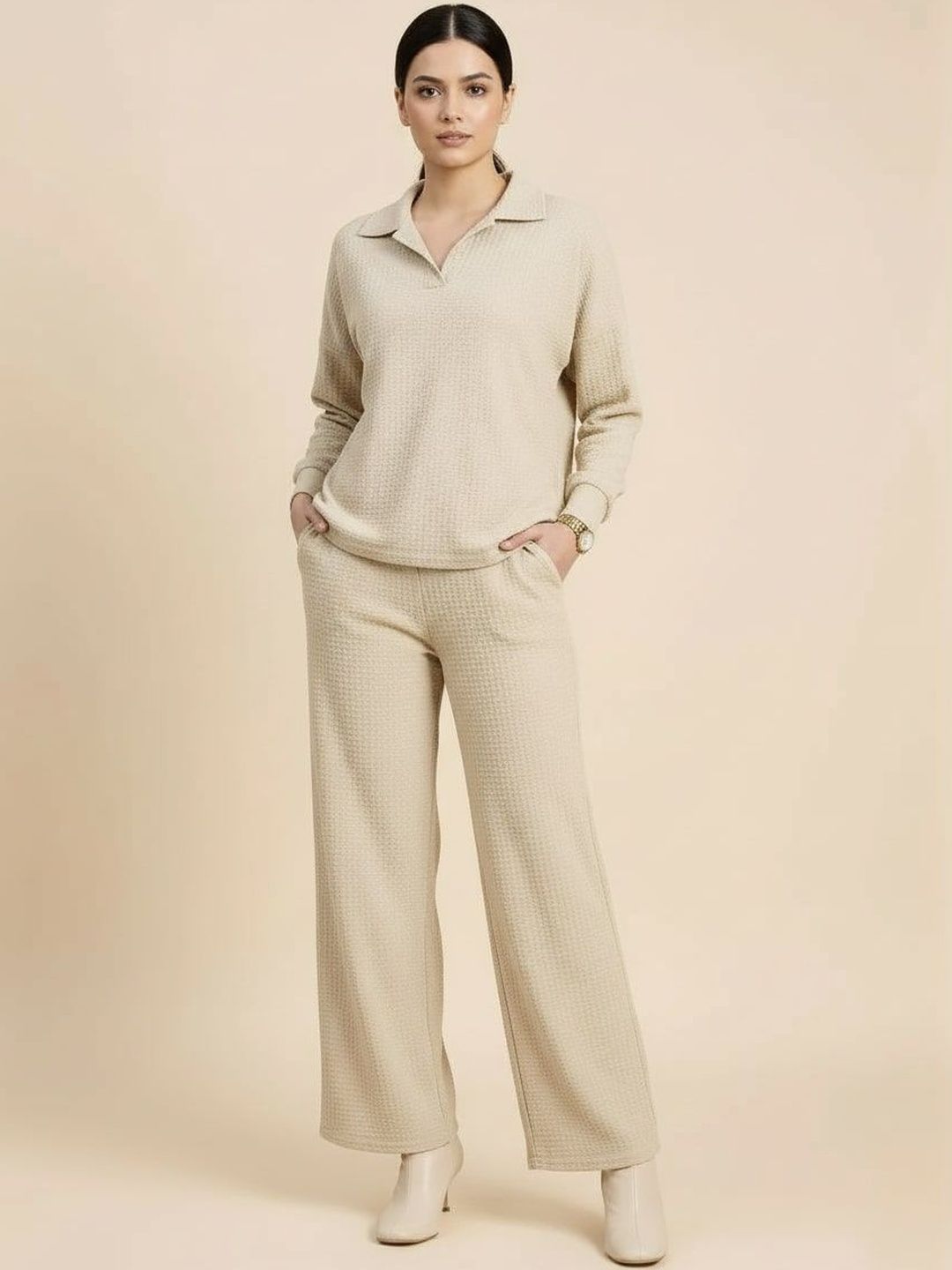 mast & harbour Women Self Design Spread Collar T-Shirt With Trouser Set-picture-12