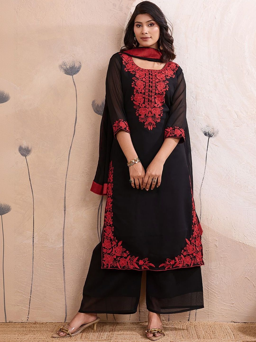 SZN Women Floral Embroidered Regular Thread Work Kurta with Palazzos & With Dupatta-picture-17