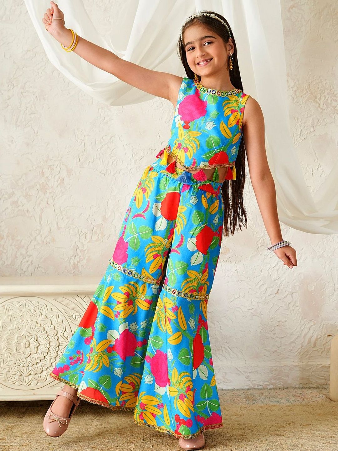 pspeaches Girls Floral Printed Regular Mirror Work Pure Cotton Kurti with Sharara-picture-34