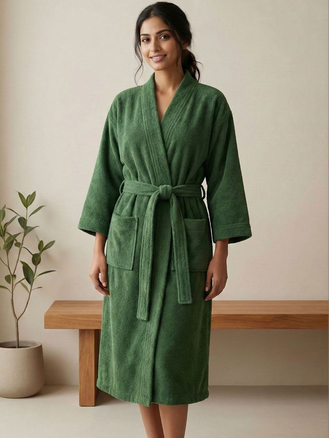 SENSES Green Pure Cotton Soft Feel Tie-Up Knee Length Kimono Bath Robe-picture-5