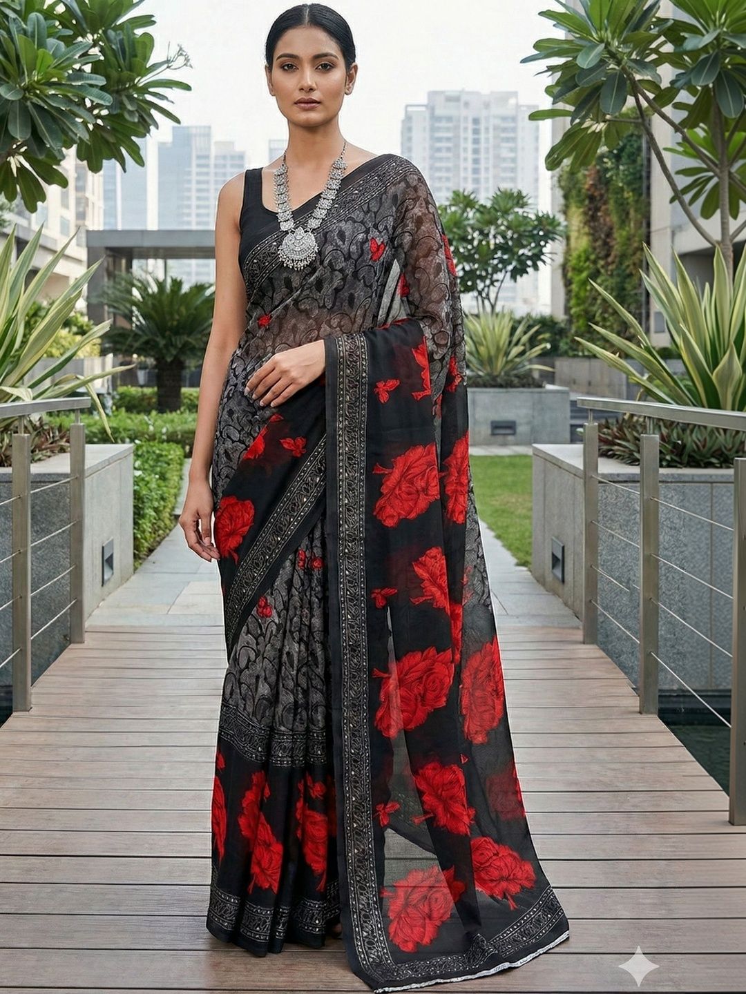 YUGAVEERAA Floral Poly Georgette Saree-picture-4