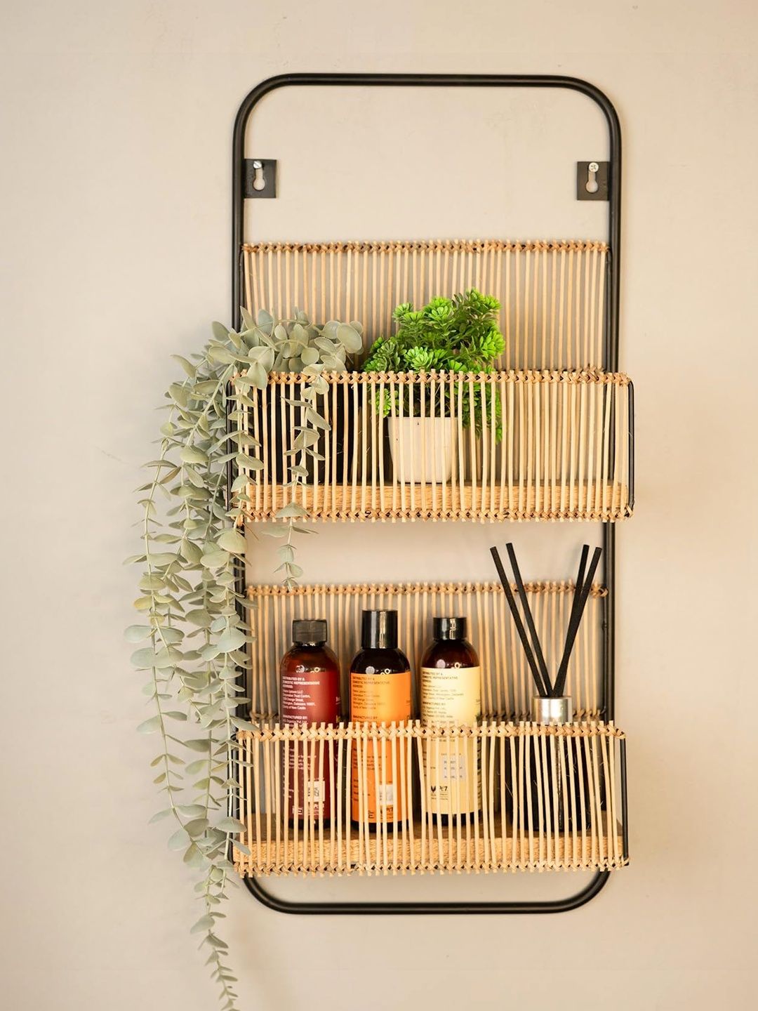prettykrafts Brown & Black 2 Tier Rattan Wall Shelf Storage Basket-picture-19