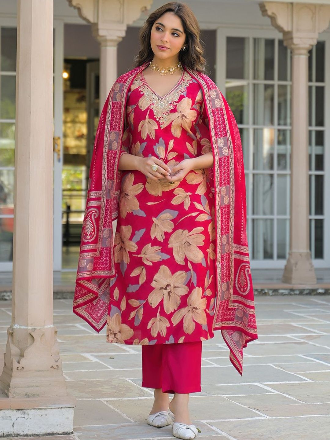 AHIKA Women Floral Printed Regular Thread Work Kurta with Trousers & With Dupatta-image-36