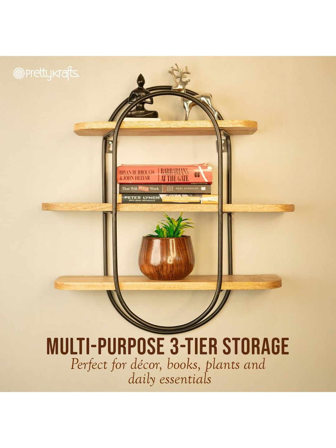 prettykrafts Brown 3 Tier Wood & Metal Storage Basket-image-44