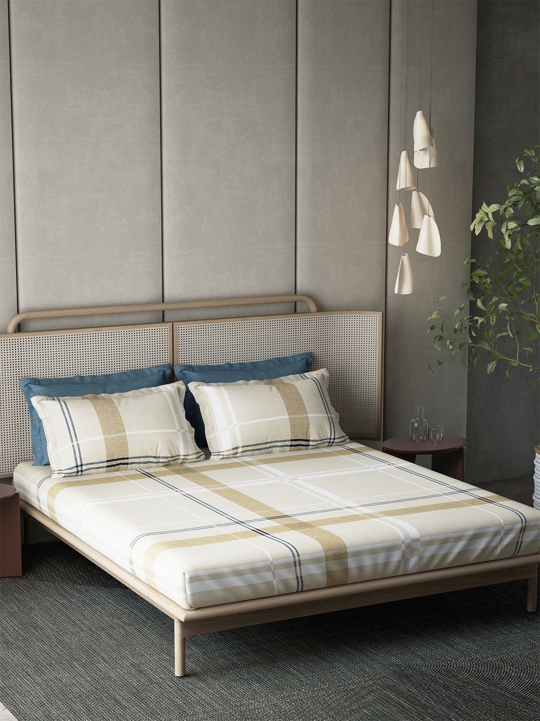 BOMBAY BEDDING COMPANY Beige Checks Cotton 300TC Super King Bedsheet with 4 Pillow Covers-image-12