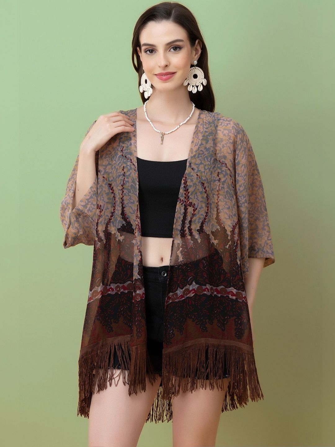 PURYS Women Printed Tasselled Shrug-picture-11