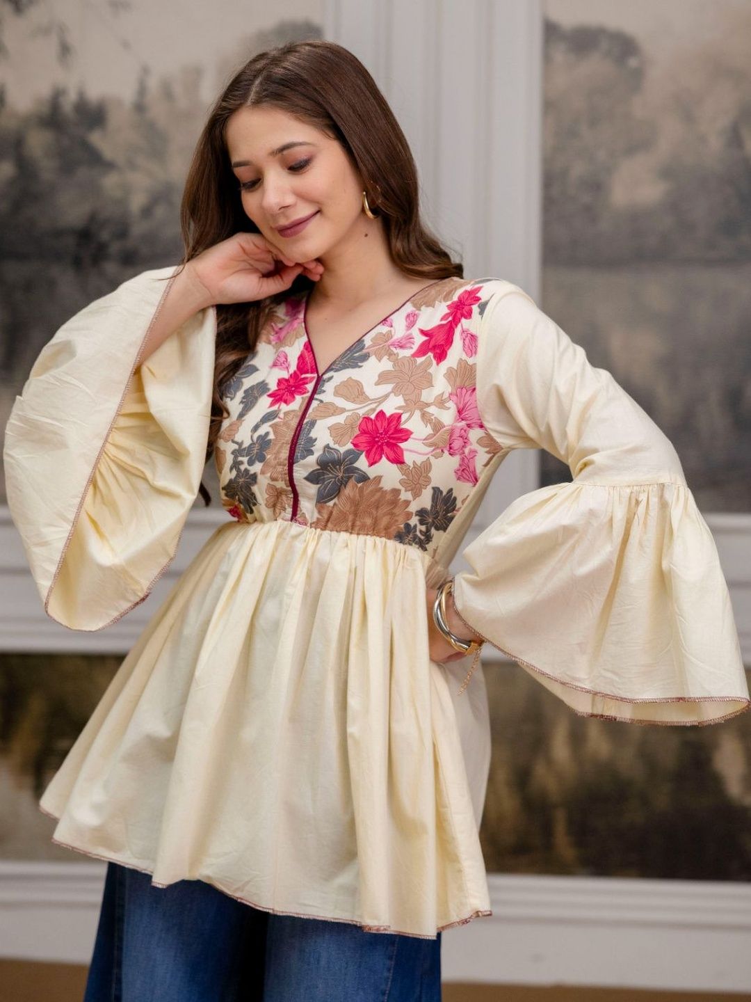 DAEVISH Floral Embroidered Bell Sleeve Cotton Peplum Top-image-49