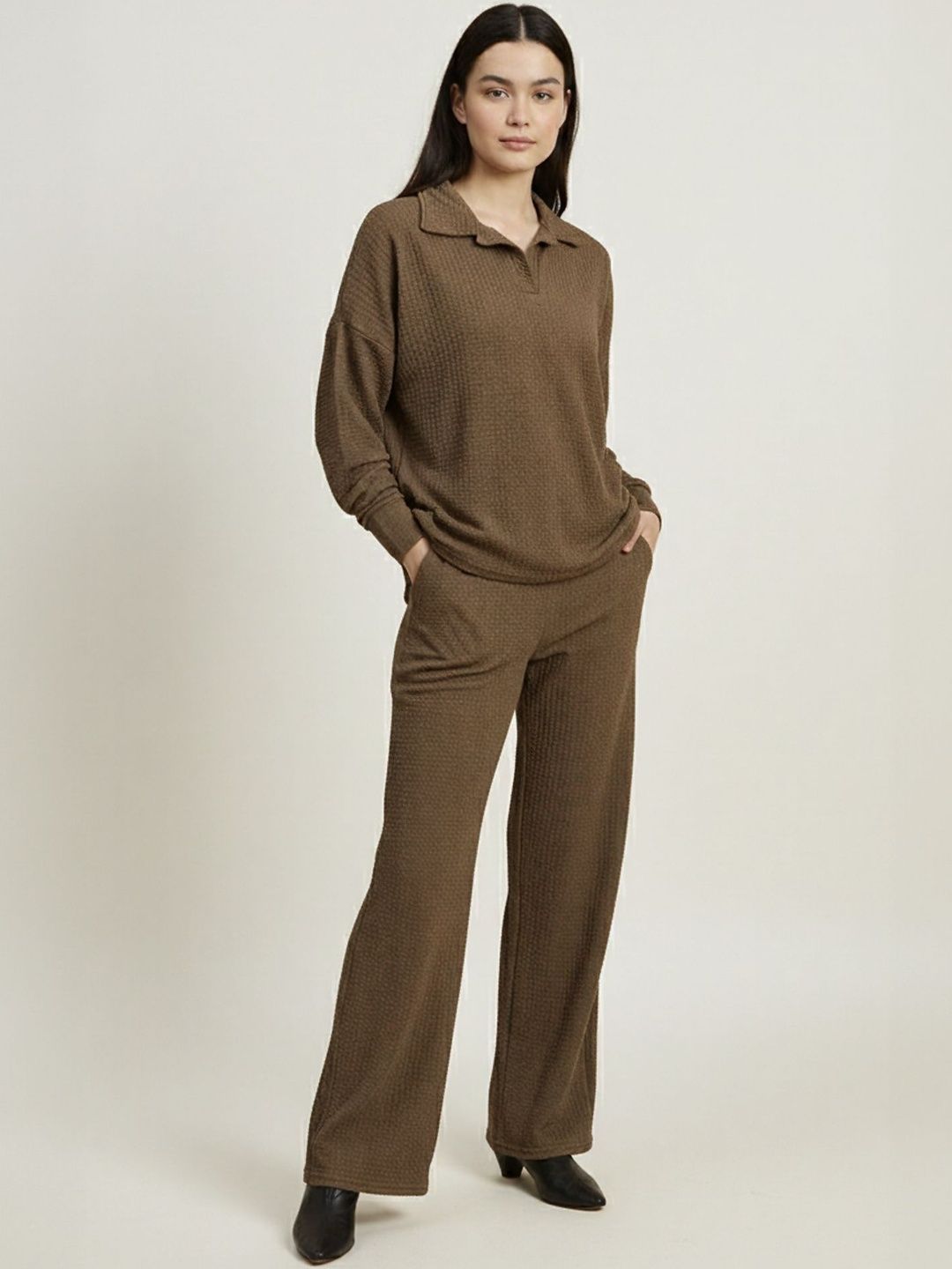 mast & harbour Women Self Design Spread Collar T-Shirt With Trouser Set-picture-11