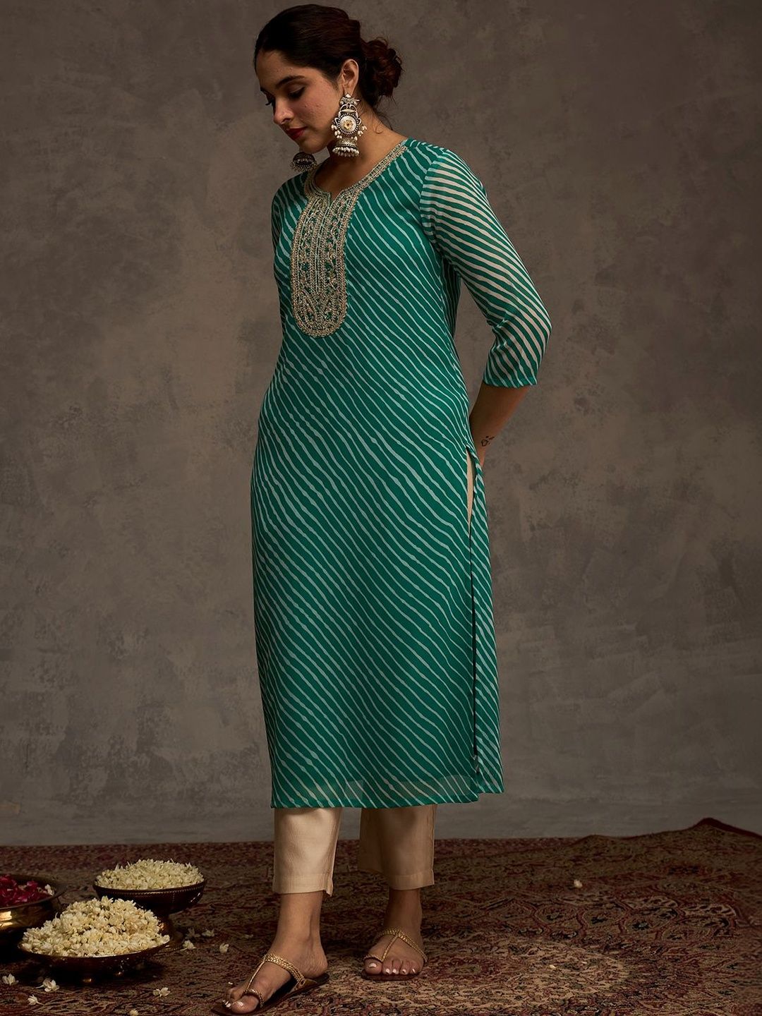 Indo Era Women Leheriya Printed Sequinned Georgette Kurta-picture-29