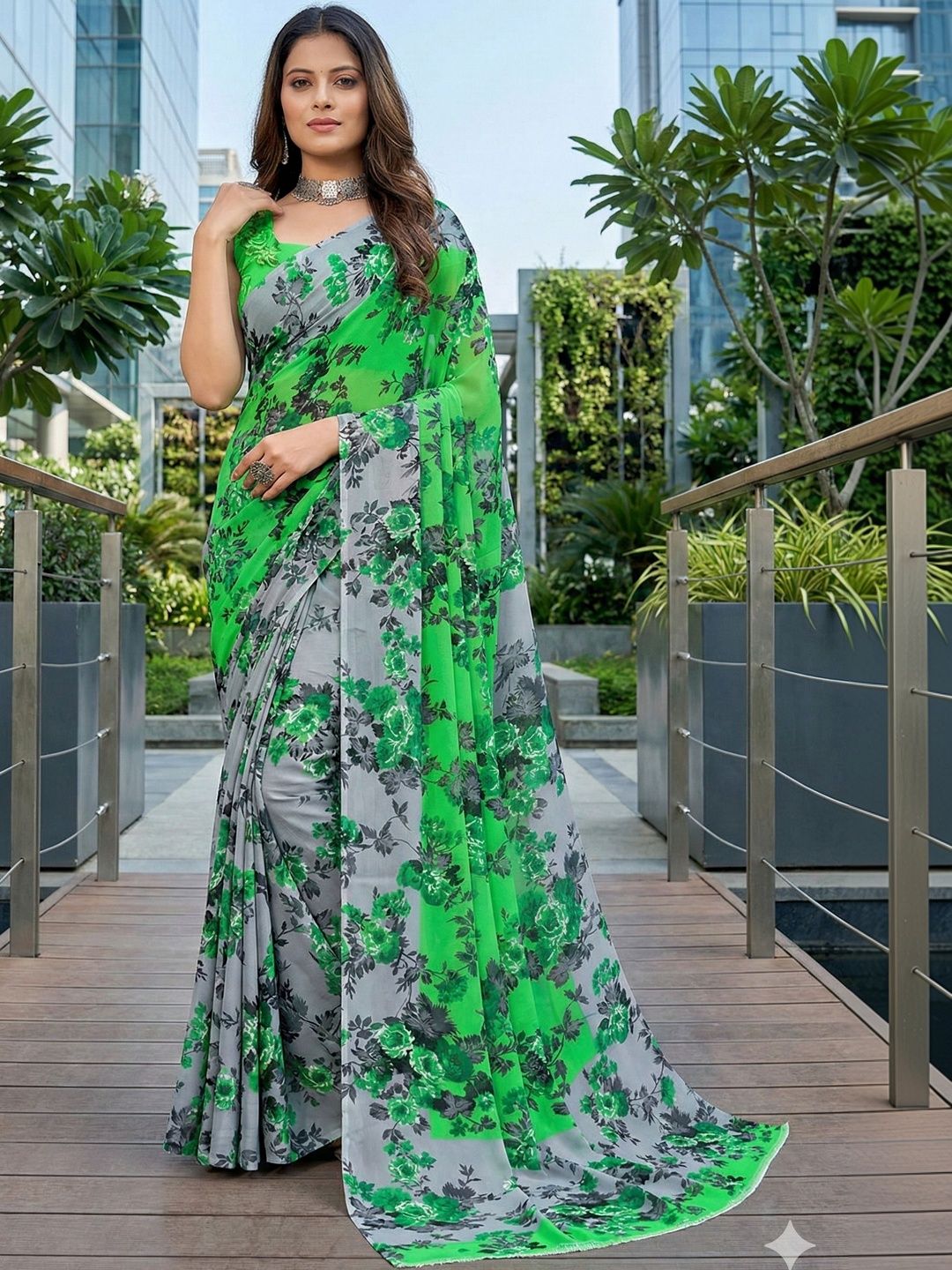 YUGAVEERAA Floral Poly Georgette Saree-picture-3
