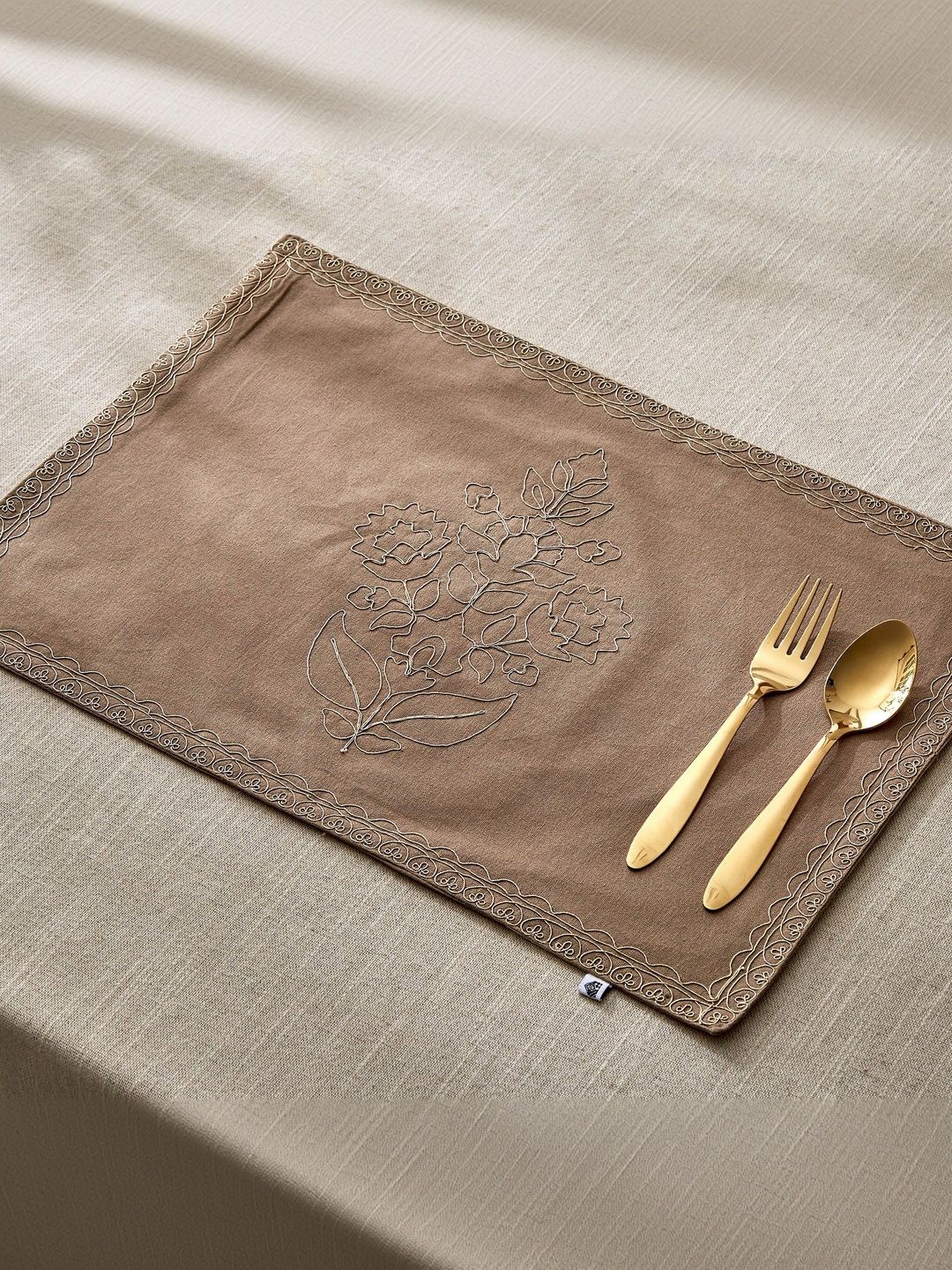 Home Centre Glimmer Brown Floral Embroidered Cotton Rectangle Table Placemats-picture-17