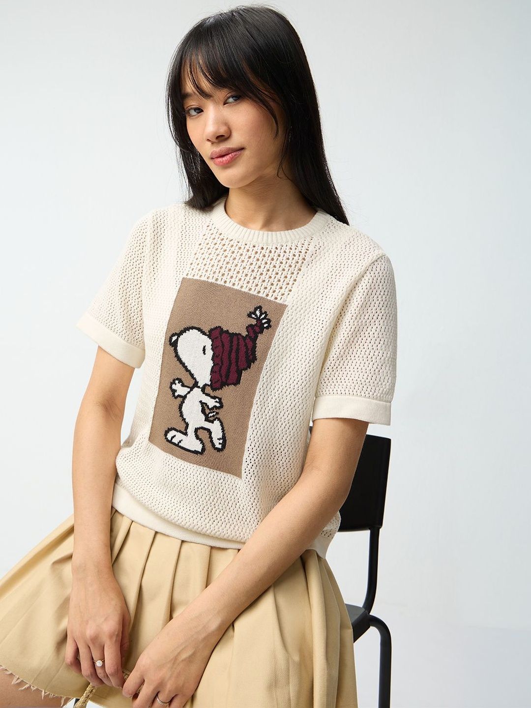 The Souled Store Women Printed Drop-Shoulder Sleeves T-shirt