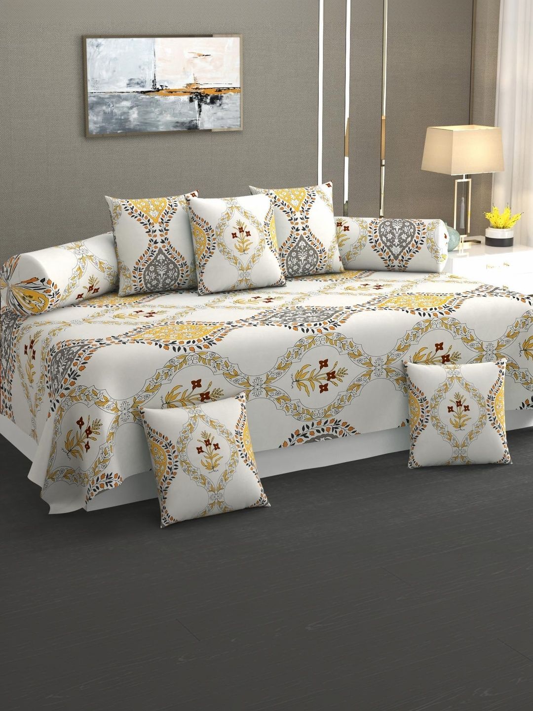 SHOMES Cream Coloured & Yellow Printed Diwan Set