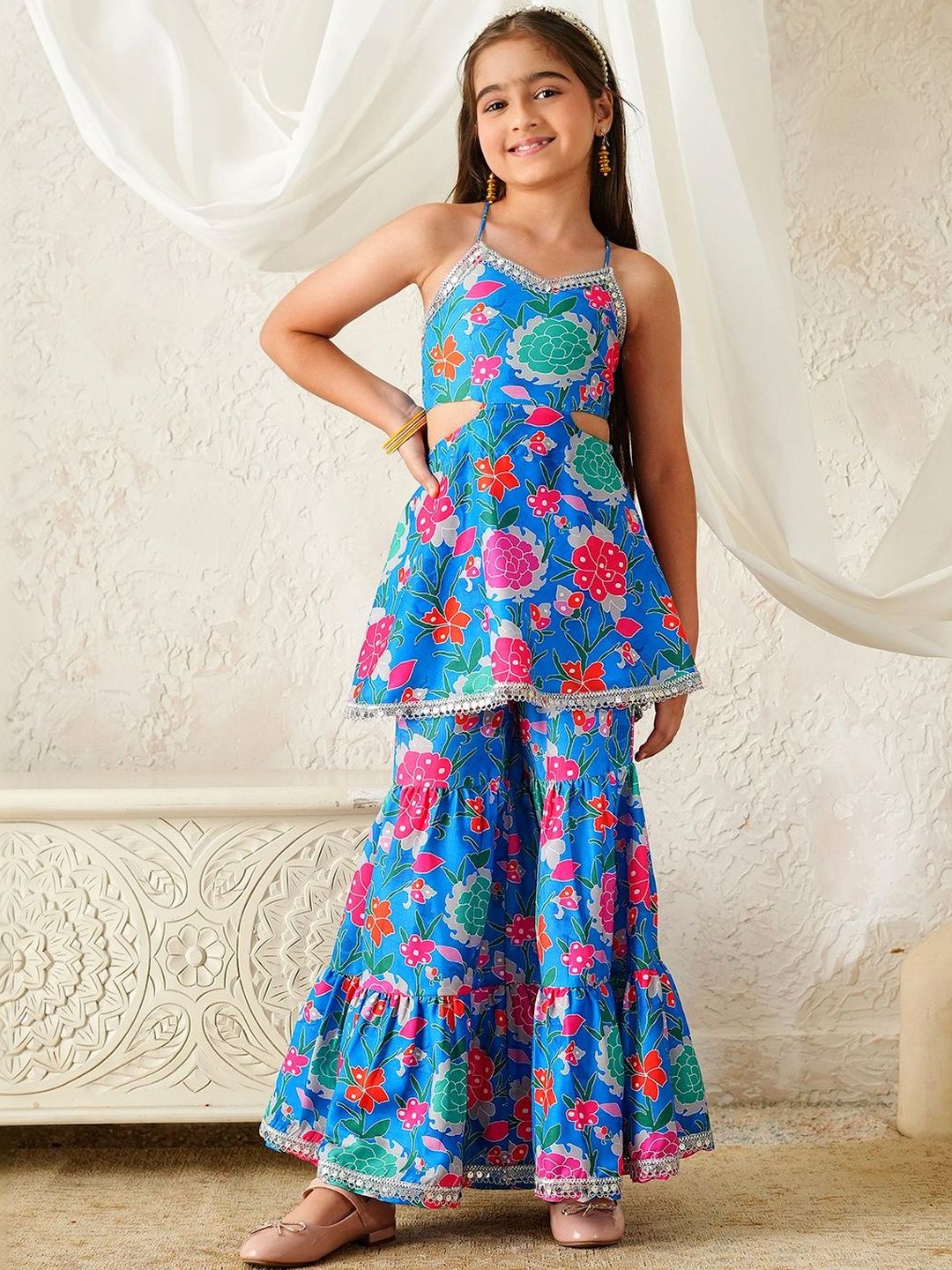 pspeaches Girls Floral Printed Regular Mirror Work Pure Cotton Kurti with Sharara-picture-38