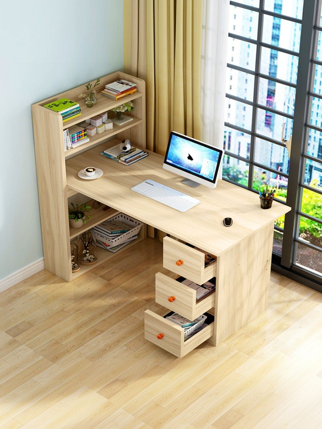 Kawachi Beige Engineered Wood Study Table With Storage Shelf