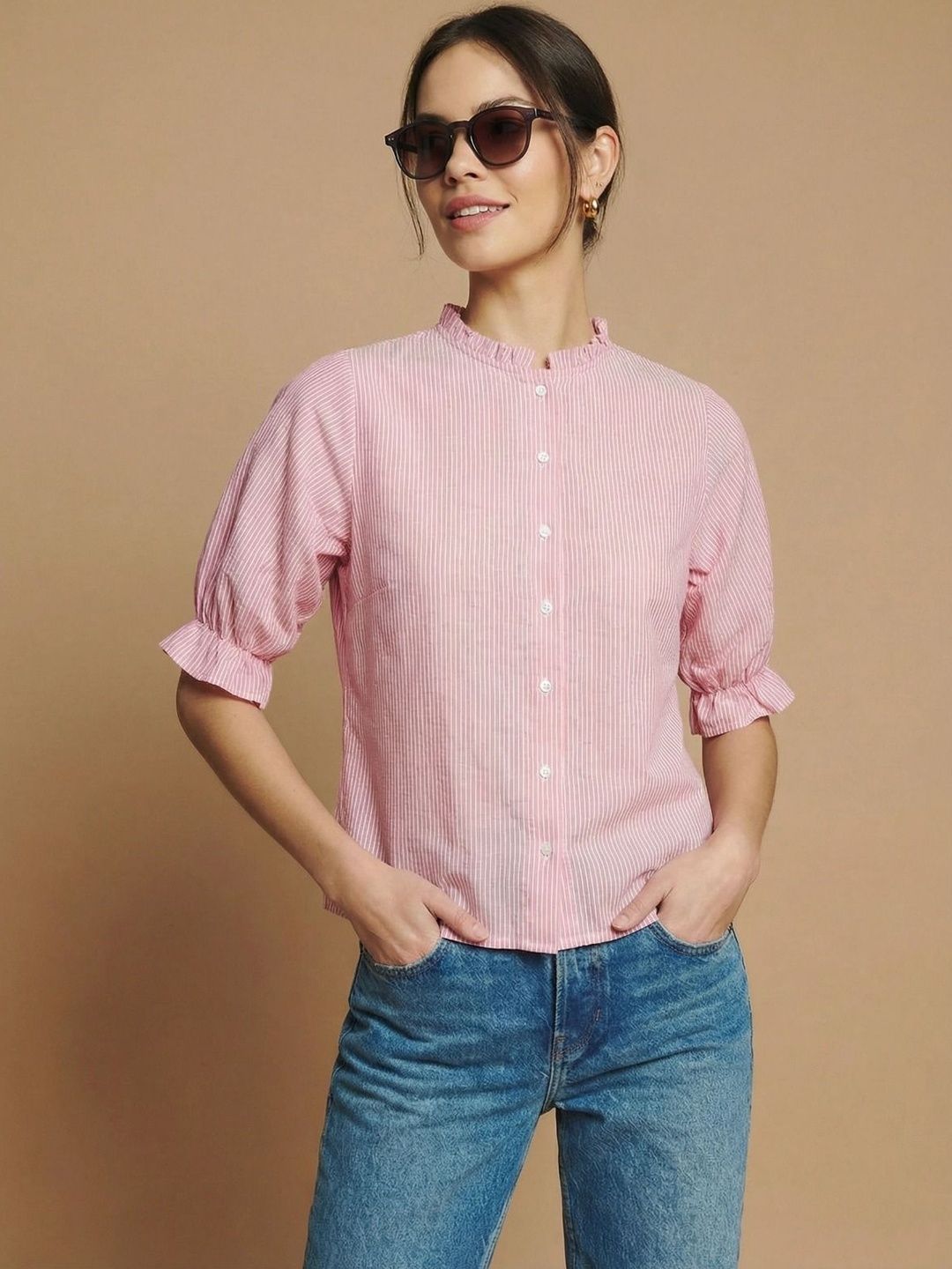 DressBerry Striped Puff Sleeve Ruffles Cotton Top-picture-23