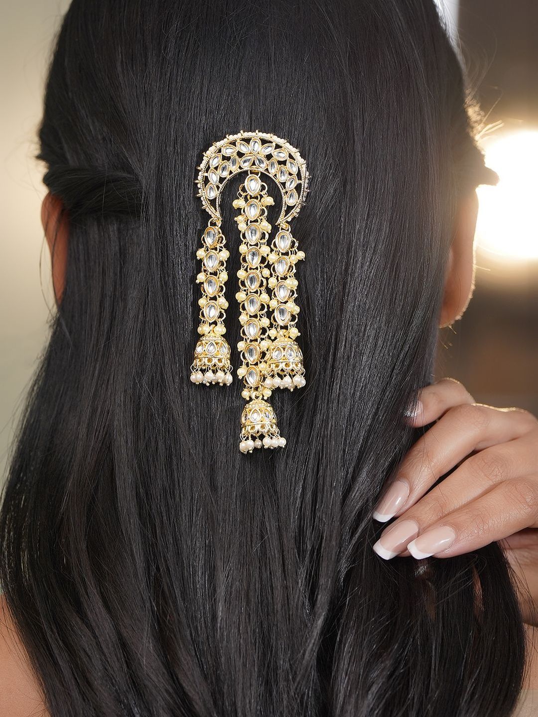Rubans Brass Gold Plated Kundan Studded Pearls Beaded Traditional Hair Accessory-picture-36