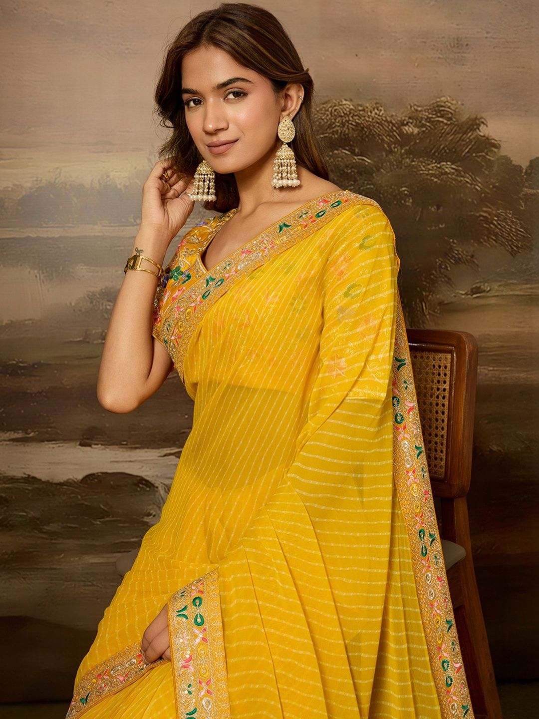 DIVASTRI Striped Embroidered Pure Georgette Leheriya Saree-picture-23