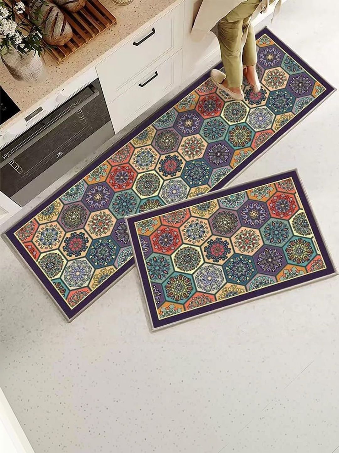 HomeCloud 2-Pcs Blue & Beige Printed Anti-Skid Floor Runner & Doormat-image-32