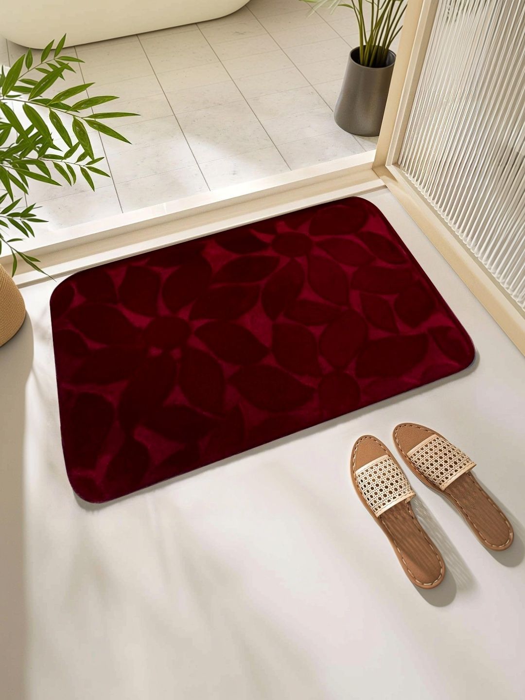 HomeCloud Maroon Textured Anti-Skid Memory Foam Bath Rug-picture-44