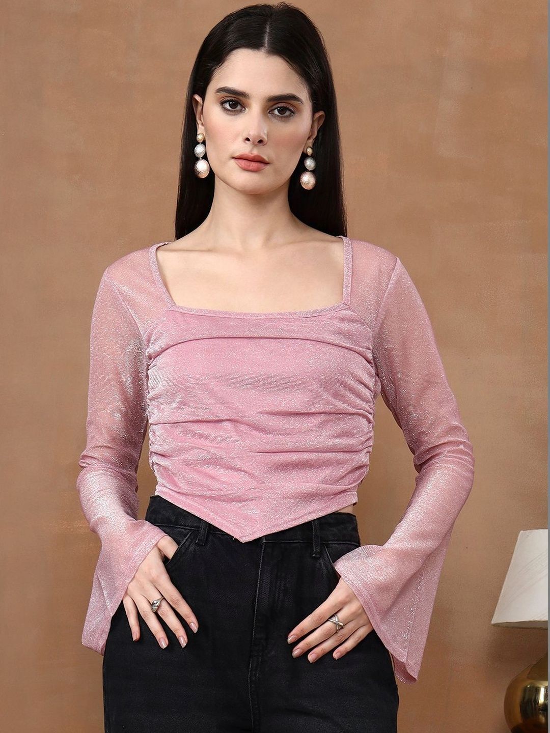 Istyle Can Bell Sleeve Net Crop Top-picture-35