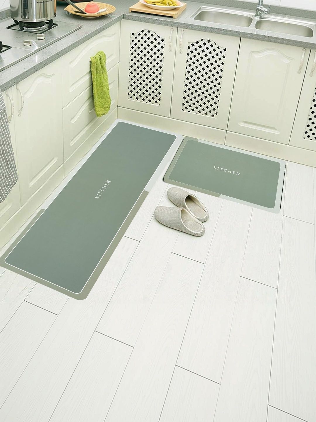 HomeCloud 2-Pcs Grey & Green Printed Anti-Skid Floor Runner & Doormat-picture-34