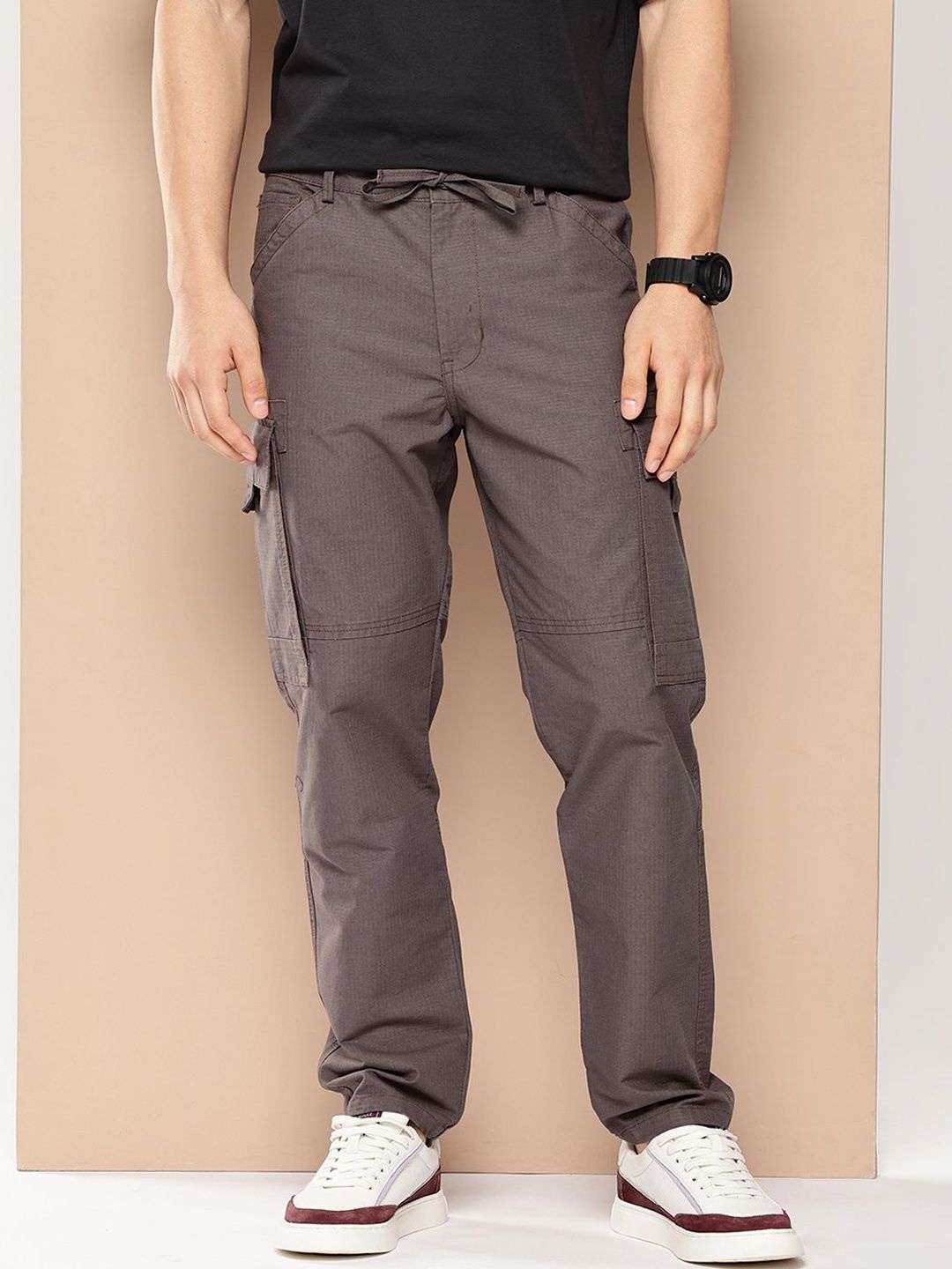 THE BEETEL HOUSE Men Textured Cargos Trousers-picture-29