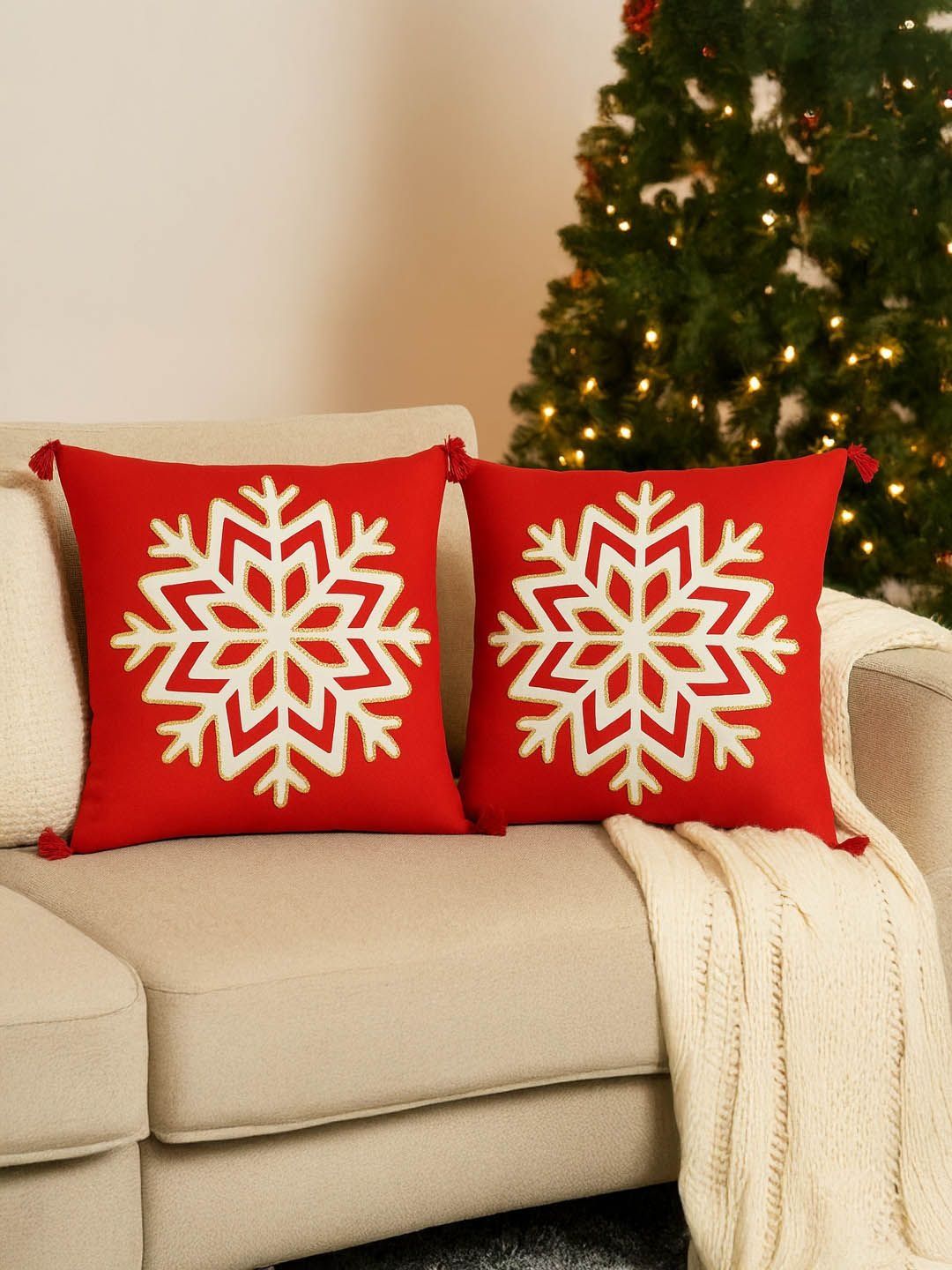 Myntra Elegant Homes Red & White Geometric Square Cushion Covers-picture-47