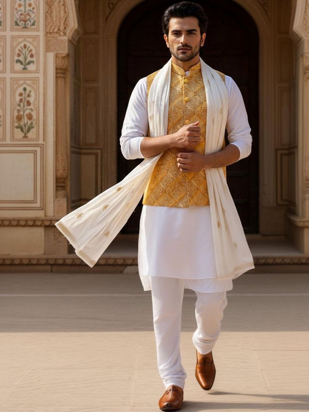 Anouk Yellow & White Printed Nehru Jackets