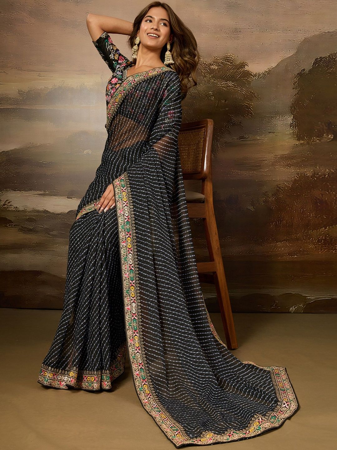 DIVASTRI Embellished Sequinned Pure Georgette Leheriya Saree-picture-19