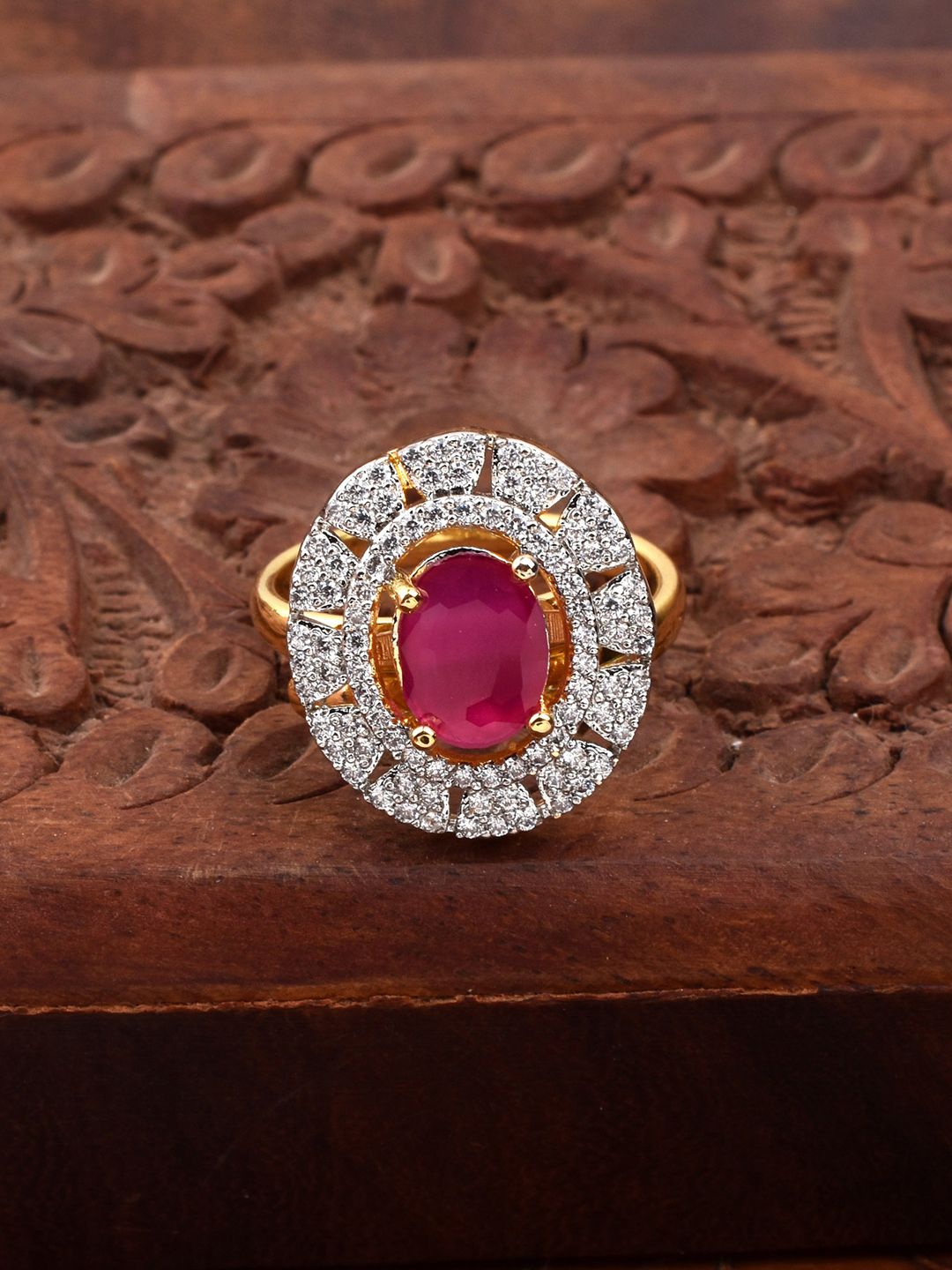 SZN Gold-Plated Brass Cubic Zirconia Studded Finger Ring-image-48