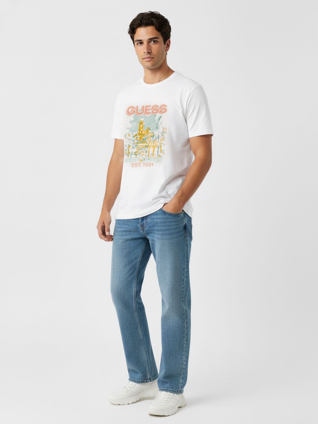 Buy GUESS Graphic Printed Pure Cotton T Shirt With Applique Detail ...