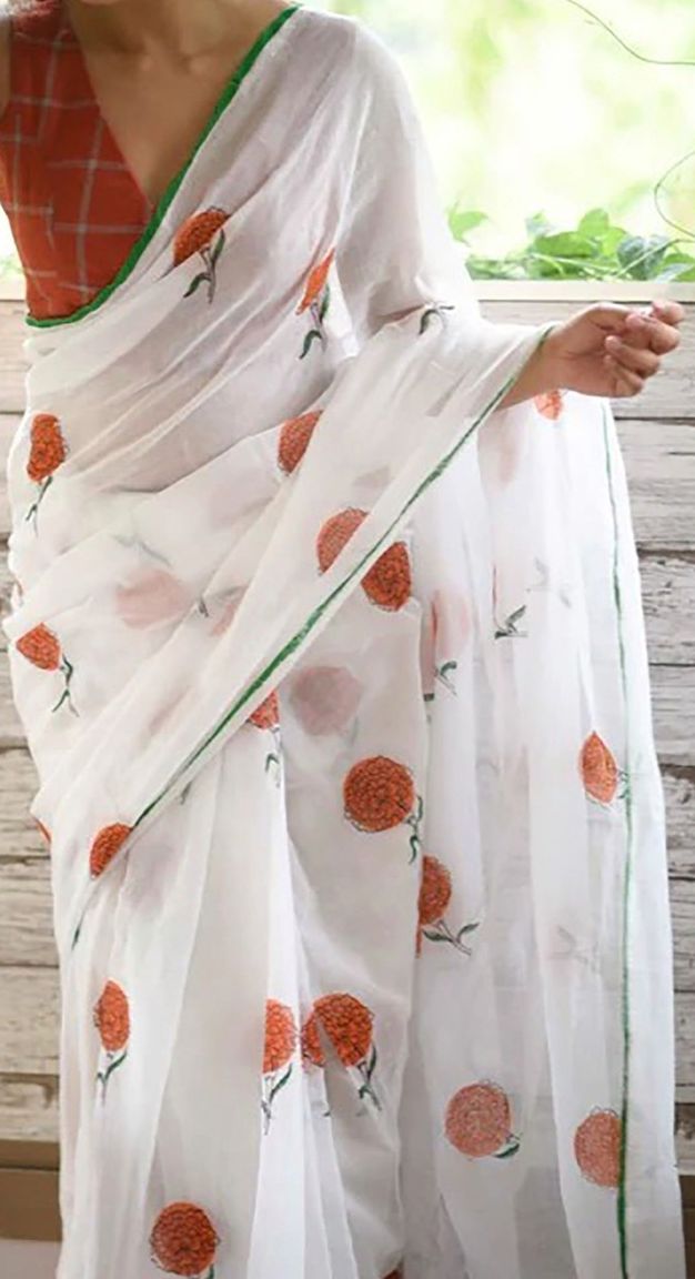Buy BerMondsey Floral Linen Blend Designer Block Print Saree - Sarees ...