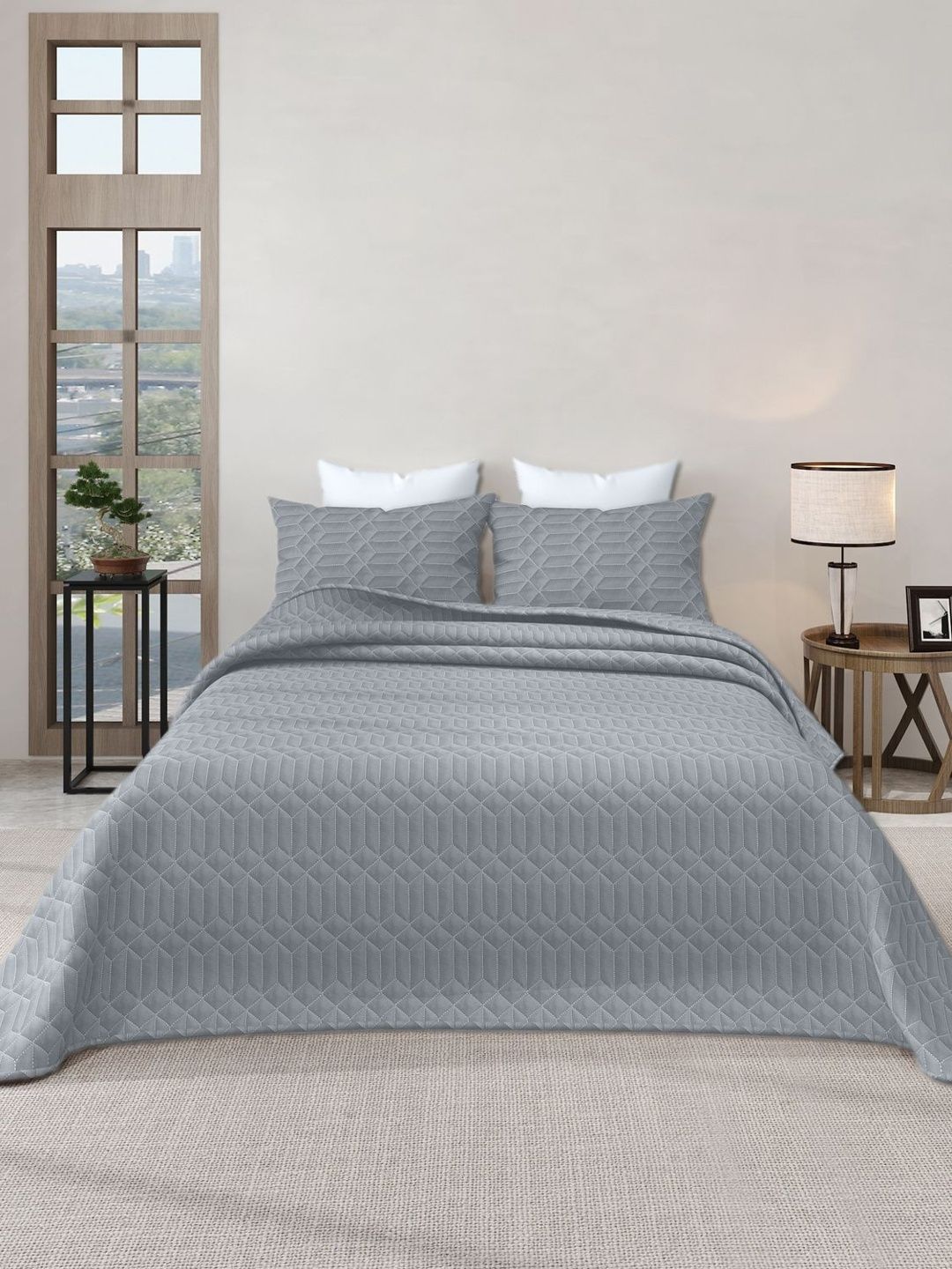 LABHAM Azure Grey Textured 300 GSM King Bed Cover With Pillow Covers-picture-55