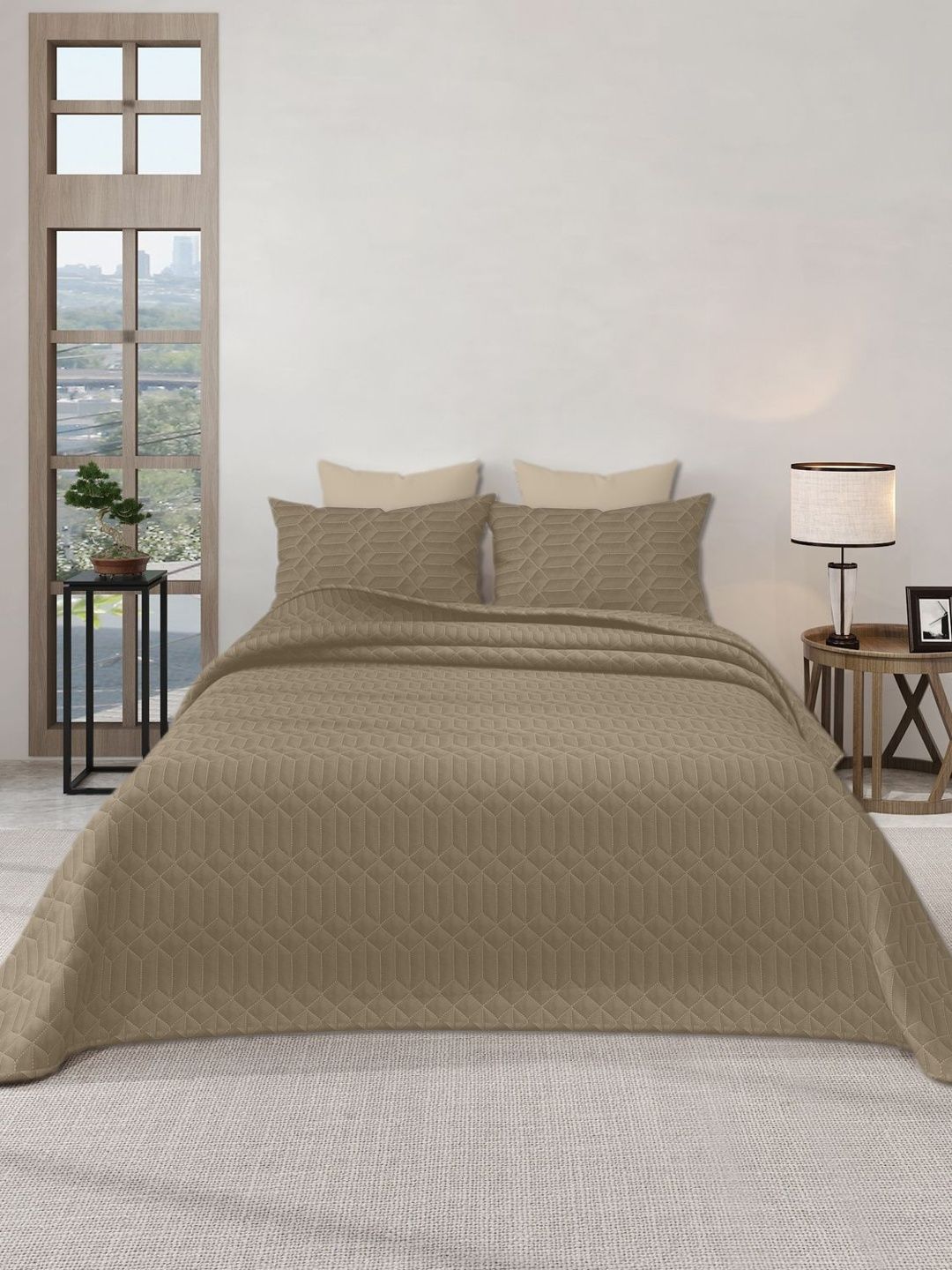 LABHAM Azure Taupe Textured 300 GSM King Bed Cover With Pillow Covers