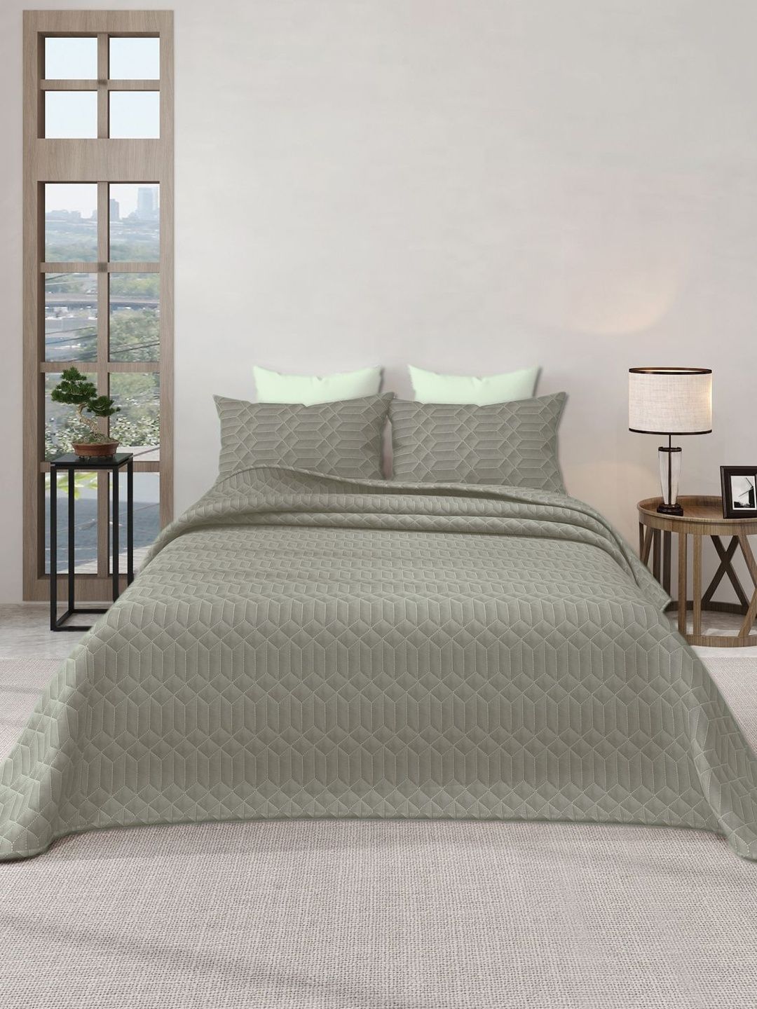 LABHAM Green Textured 300 GSM King Bed Cover With Pillow Covers-image-42